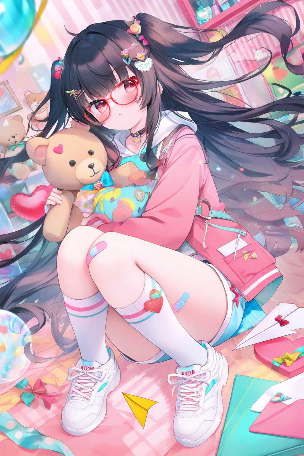 masterpiece,best quality,high quality,(colorful),1girl, solo, long hair, shirt, black hair, hair ornament, long sleeves, holding, very long hair, jacket, full body, heart, food, shoes, glasses, shorts, socks, hood, two side up, kneehighs, hoodie, floating hair, stuffed toy, white footwear, stuffed animal, white socks, sneakers, candy, bandaid, red-framed eyewear, teddy bear, envelope, paper airplane<lora:chen_bin-000023:0.8>