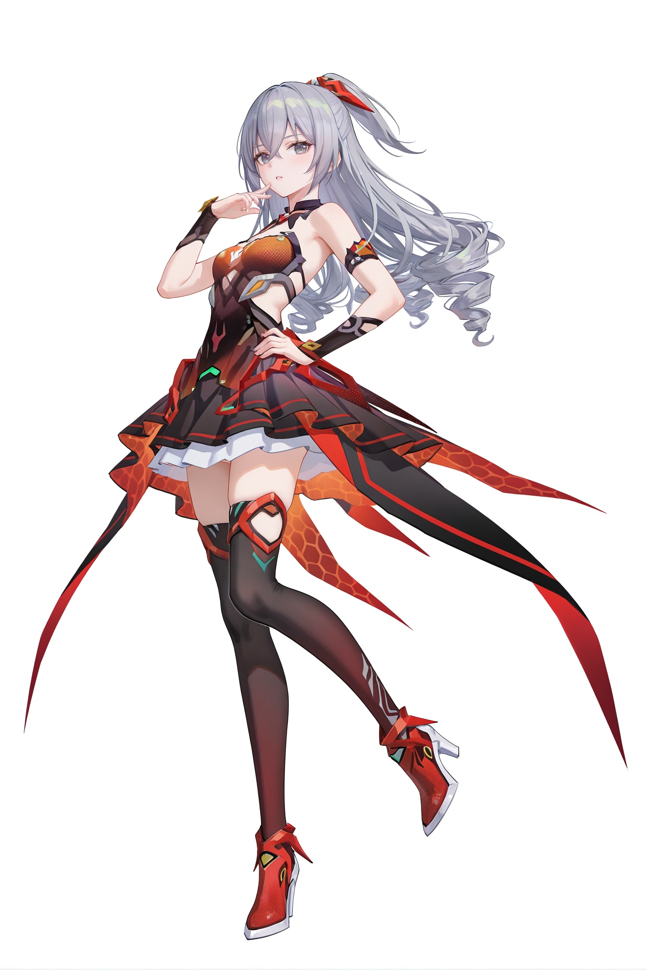 8k,best quality,masterpiece,(ultra-detailed),(high detailed skin),((artist:reoen),(artist:fuzichoco),(artist:atdan),(artist:torino_aqua),year 2024:0.8)1girl,[artist:wlop],[artist:ningen_mame],artist:ciloranko,[[artist:rhasta]],artist:tidsean,colorful,full body,full shot,standing,looking at viewer,(solo:1.2),simple background,(white background:1.2),hand on own hip,(white background:1.1),<lora:BronyaZaychik-zhenli-ill-Tanger:0.8>,Bronya Zaychik \(Bestial Afterburn\),clothes: Bestial Afterburn dress red style,red style,Bestial Afterburn red high heels,Bestial Afterburn red hair ornament,1girl,drill hair,grey hair,grey eyes,black thighhighs,