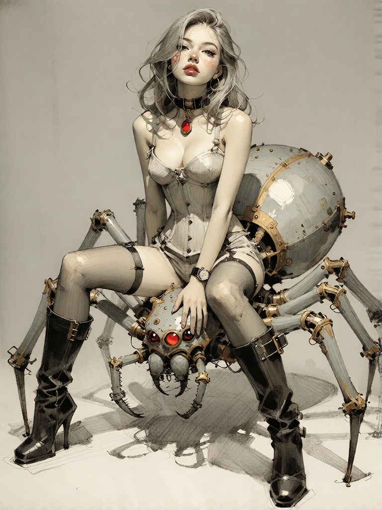 Bradhamel art style. A young woman with long,  wavy gray hair and a confident gaze sits atop a large,  steampunk-inspired...
