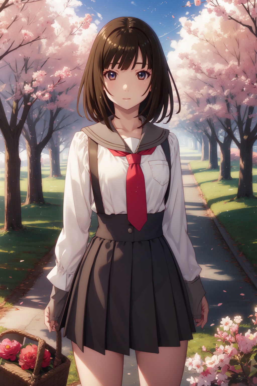 <lora:Nadeko-000013:0.8>,Nadeko cyql,1girl,looking at viewer,solo,brown hair,medium hair,blunt bangs,brown eyes,school uniform,long sleeves,necktie,high-waist skirt,suspender skirt,sailor collar,shirt,red necktie,white shirt,Annoyed, Mouth turned down slightly, eyes narrowed, and a tense jaw.,full_shot,beautiful face,beautiful eyes,glossy skin,shiny skin,Orchard, Apples, Blossoms, Spring, Trees, Colors, Serenity, Harvest,(Moss-covered stones, Stone lanterns, Moss gardens, Zen serenity, Rainy day, Meditation:0.6),beautiful detailed sky,beautiful detailed glow,posing in front of a colorful and dynamic background,masterpiece,best quality,beautiful and aesthetic,contrapposto,female focus,wallpaper,fashion,
