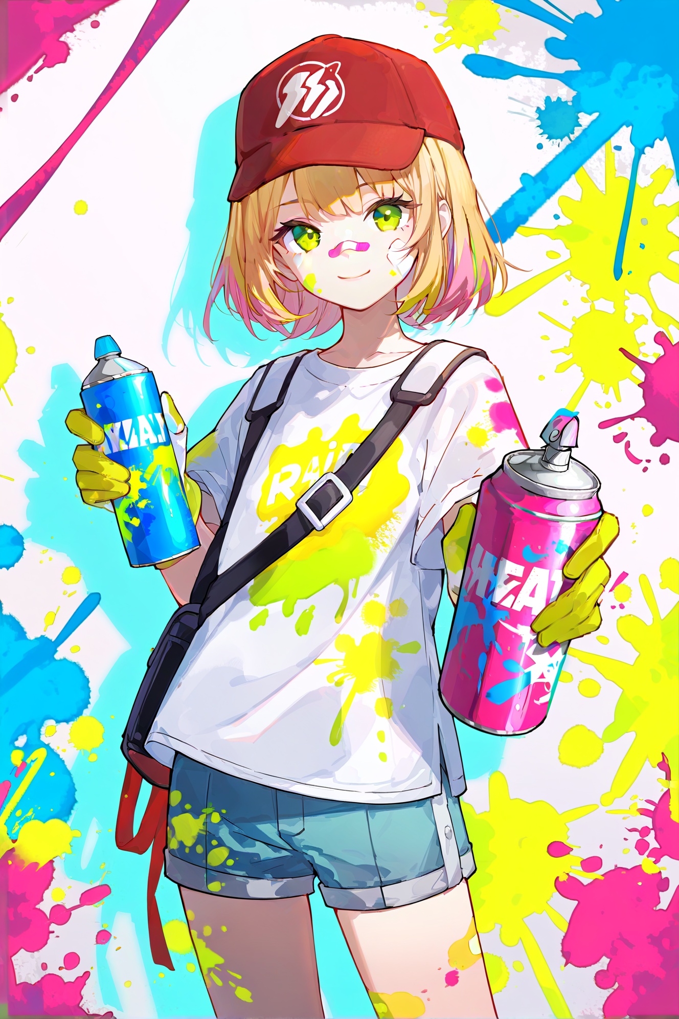 1girl, solo, spray can, green eyes, looking at viewer, gloves, red headwear, bandaid on face, hat, smile, holding, bandaid, shorts, shirt, bandaid on nose, short hair, blonde hair, pink hair, paint, baseball cap, paint splatter, short sleeves