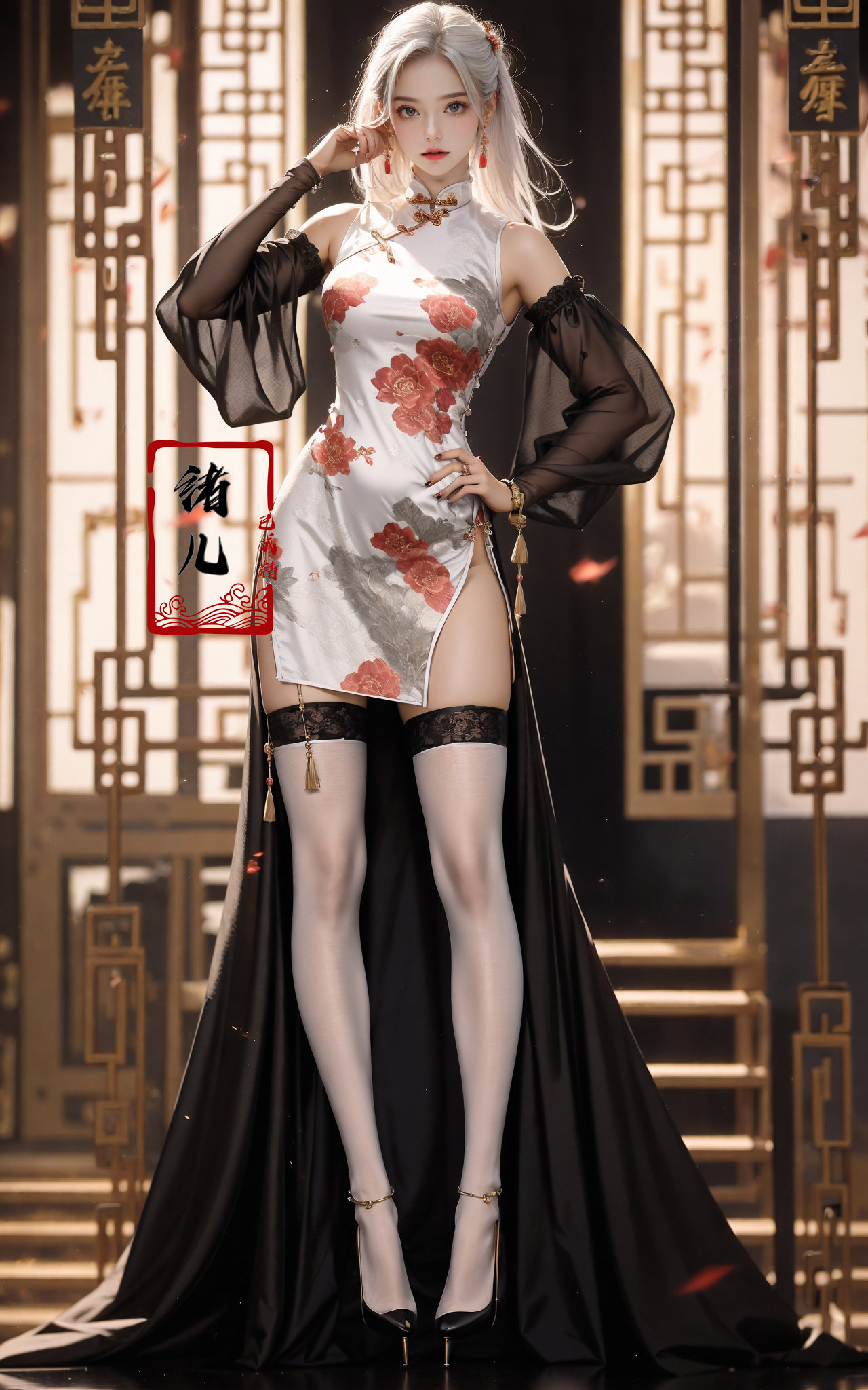 Black background,  Fashion cheongsam,  nail polish on Tensor.Art