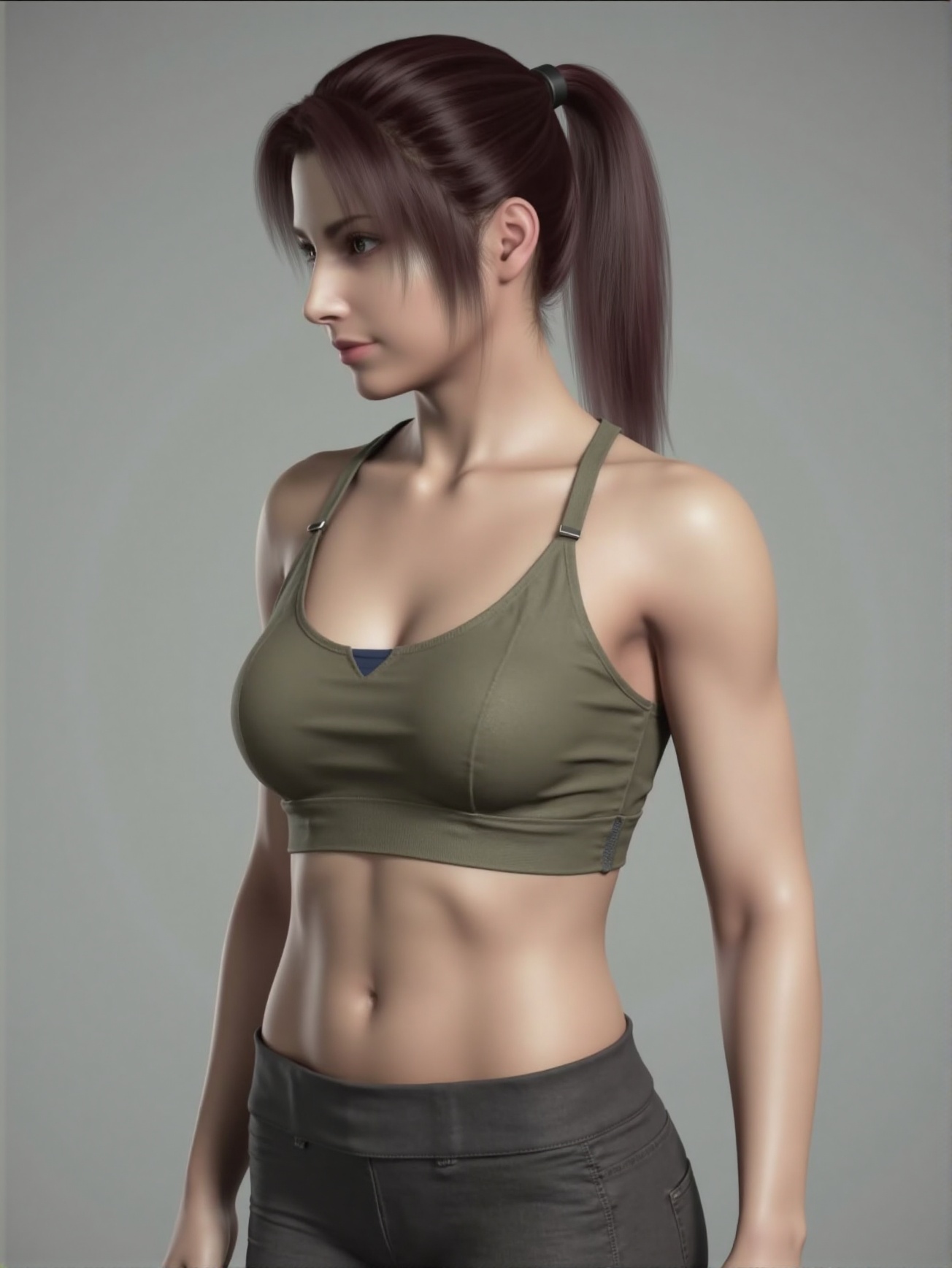 A CGI rendering of the digital image shows a young woman with fair skin,medium-length straight hair tied back,yoga clothes,