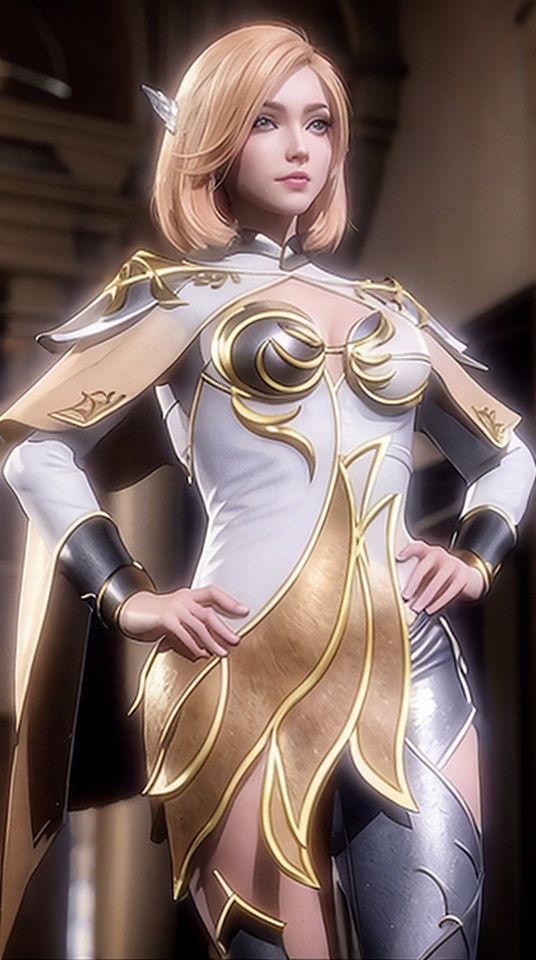 1girl,3d,blonde hair,blue eyes,blurry background,cape,depth of field,hand on hip,lips,solo,white background,,<lora:ec1f3ff7ad46e232dd43fdbeb30805f482aa53063c837fd439d871ce0d0327d4:0.6>