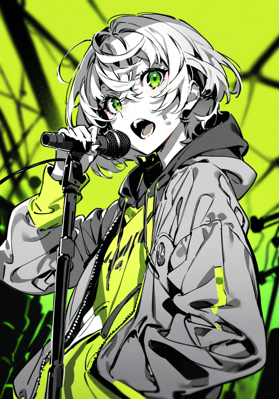 masterpiece, best quality, <lora:yoneyama-a31-000020:1>,yoneyama mai,microphone, solo, virtual youtuber, song name, green eyes, looking at viewer, holding, holding microphone, microphone stand, long sleeves, bangs, bandaid, 1girl, jacket, 1boy, speaker, hair between eyes, green background, male focus, green theme, hood, open mouth, monochrome, cable, hoodie, teeth, mask, upper body, short hair, medium hair, spot color