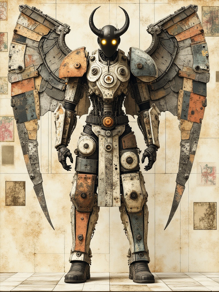 miluo_jqgk,A badass, humanoid robot with glowing yellow eyes stands proudly, decked out with massive mechanical wings and a helmet sporting two horns. Its body is a patchwork of metallic plates and gears. The background is a gritty, vintage map-like setting with faded, abstract designs. The whole thing screams steampunk vibes..<lora:米洛丨机器怪咖v1.3:1>