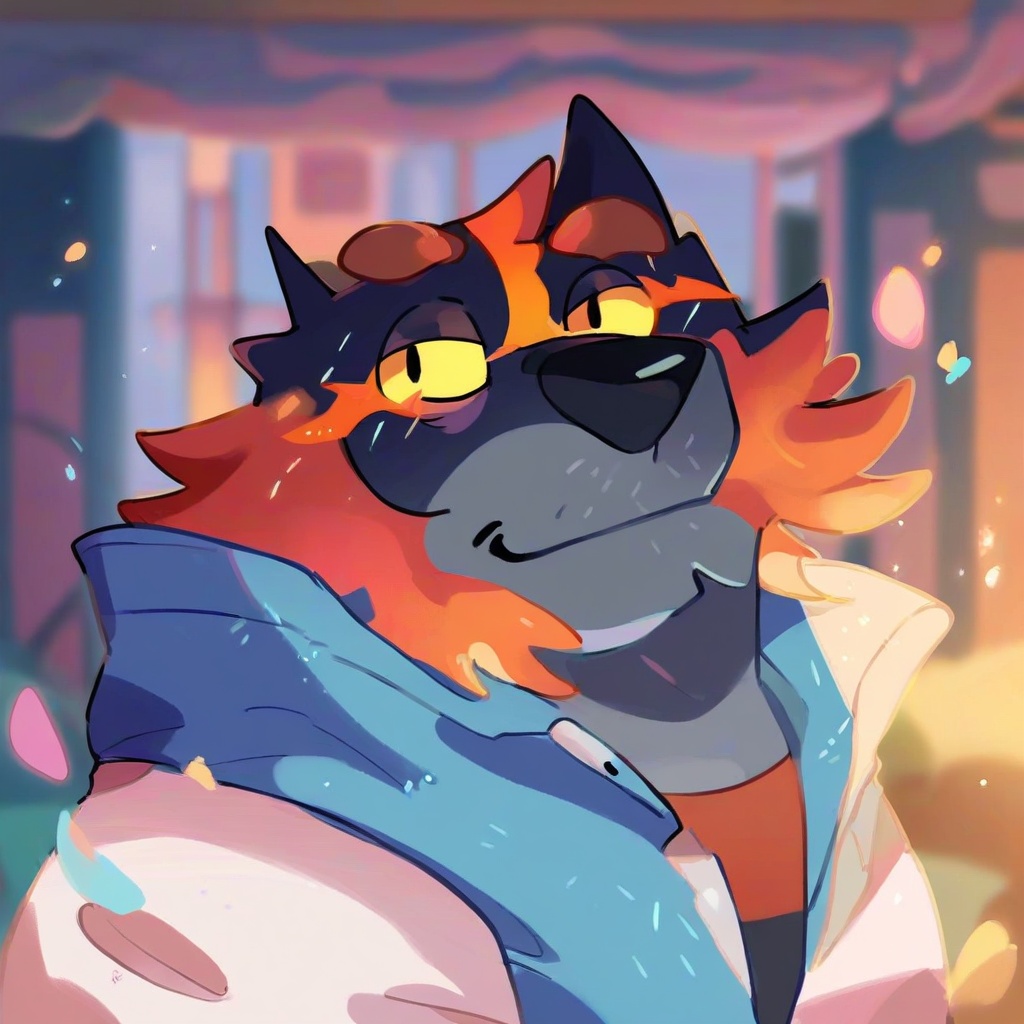 safe_pos, score_9, score_8_up, score_7_up, score_6_up, score_5_up, score_4_up, source_furry, hi res, bedroom, blurred background, particles, solo, Incineroar, looking at viewer, closed mouth, male, muscular, Bluey style