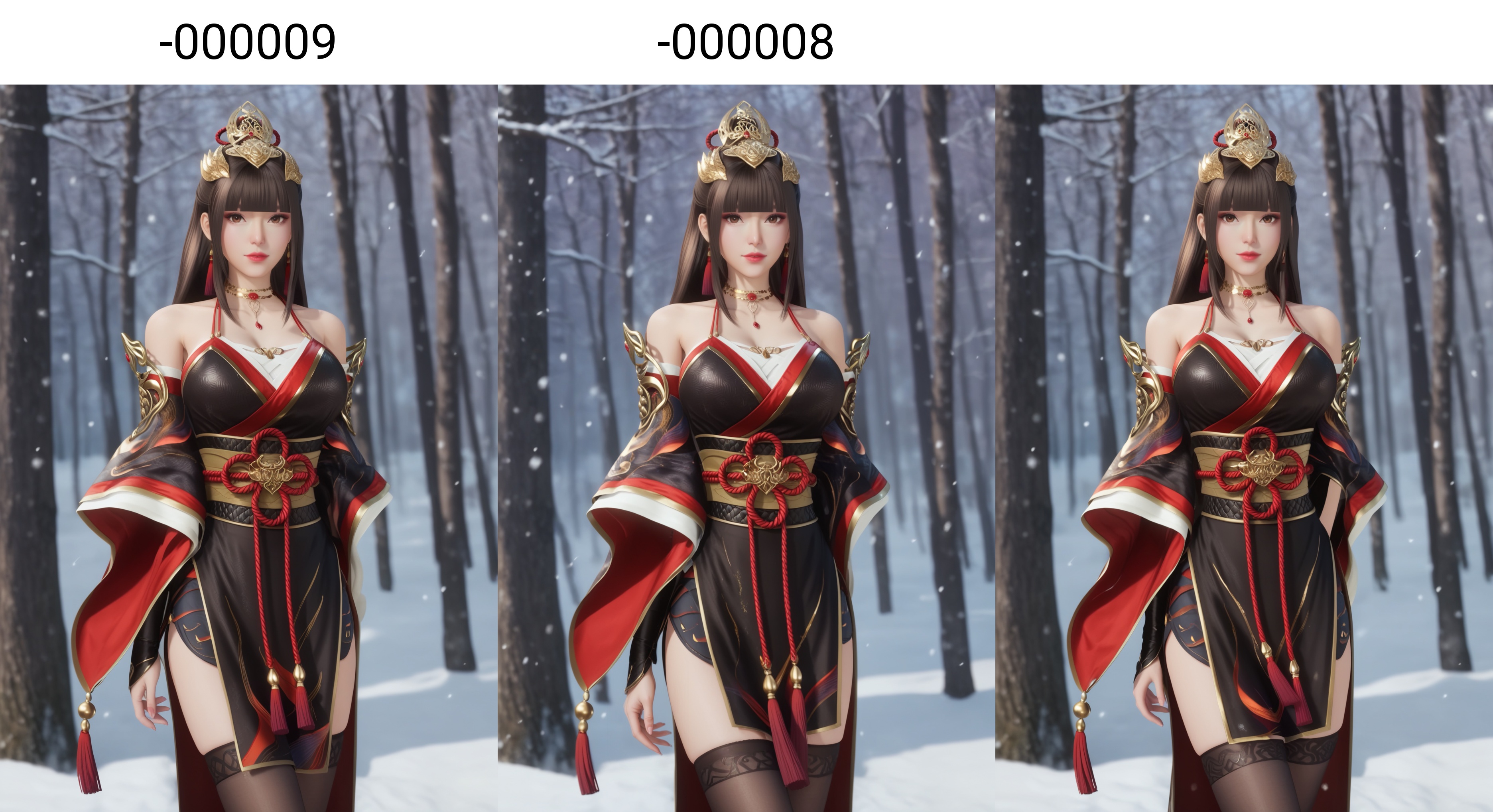 (score_9),realistic,looking at viewer,front view,<lora:幽亦寒-apony-000009:0.8>,youyihan,1girl,solo,long hair,dark brown hair,blunt bangs,hair ornament,tassel earrings,brown eyes,bare shoulders,shoulder armor,red gem,japanese clothes,necklace,detached sleeves,wide sleeves,obi,waist belt,side slit,thighhighs,(black thighhighs),see-through thighhighs,(glamor:1.2),(mature_female),collarbone,(arms behind back), BREAKgame cg,in winter,snow,ice,4K ultra HD,high detail,high contrast,depth of field,
