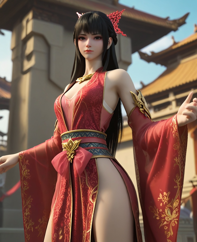 (oriental architecture, elegant decor, sophisticated style:1.1),Standing, legs apart, arms extended,,(breasts:1.2),<lora:XL16大主宰红绫:0.95>,1girl,red dress,mole under eye,black eyes,black hair,long hair,hair ornament,bare shoulders,, zPDXL2, score_9, score_8_up, score_7_up BREAK realistic, masterpiece,best quality, highly detailed,, zPDXL3, zPDXL2,zPDXL, zPDXLxxx, zPDXLrl,