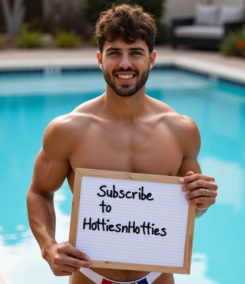 aaron owen ,  standing by the pool in speedos holding a board in hand with written text "Subscribe to HottiesnHotties" on...
