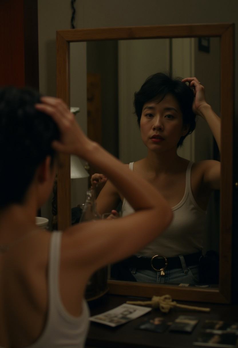 Reflection in the mirror: In a small and messy apartment,  a woman stood in front of the mirror and arranged her hair. Her...