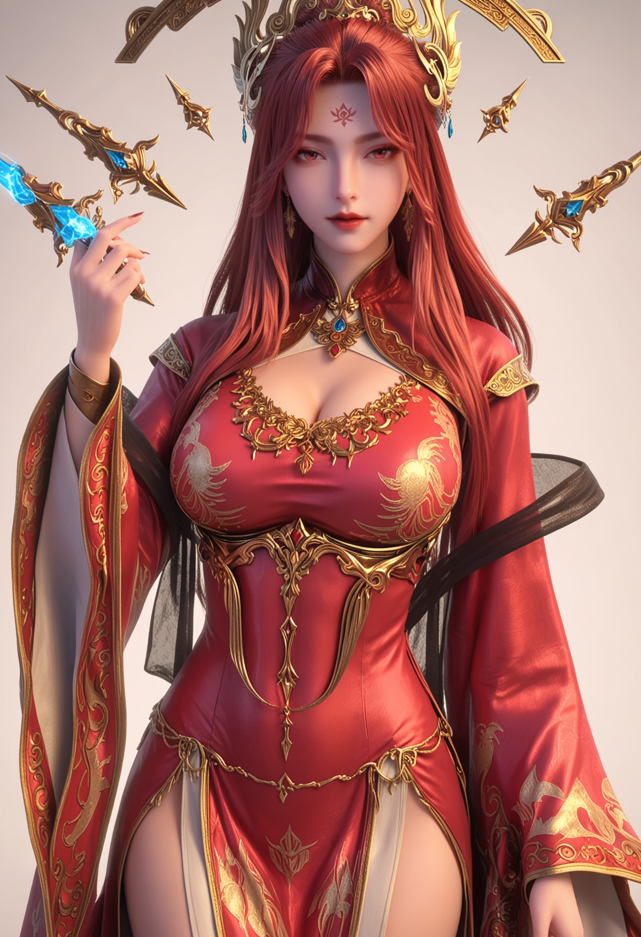 score_9,high detail,best quality,cinematic lighting,volumetric lighting,shiny skin,shiny,nsfw,1girl,solo,dress,red dress,long hair,breasts,jewelry,red hair,forehead mark,clothing cutout,cleavage cutout,earrings,red eyes,looking at viewer,large breasts,white background,red lips,long sleeves,hair ornament,realistic,chinese clothes,simple background,wide sleeves,lips,floating object,<lora:QQSponyfeiyuenvdiV1:0.8>,<lora:Pony_DetailV2.0:0.8>,<lora:皮肤凹痕:0.1>,