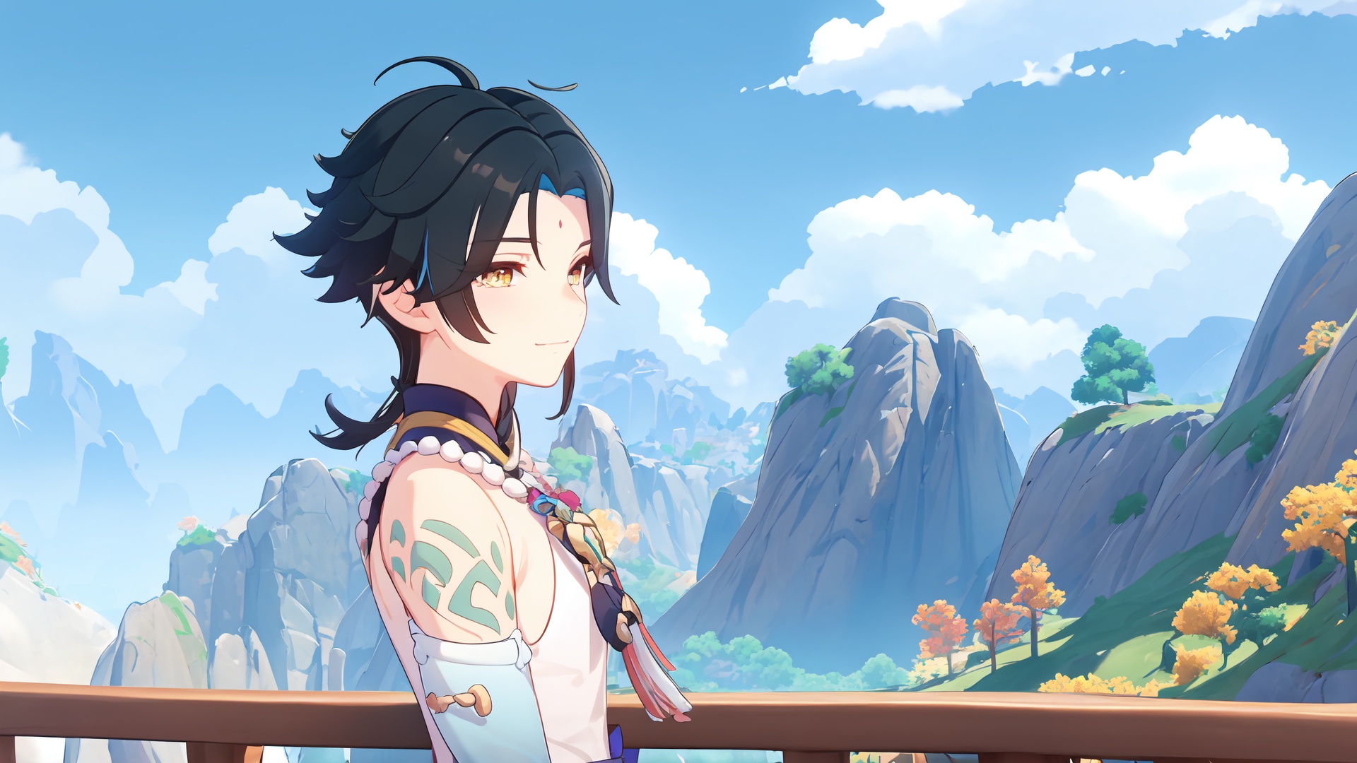 masterpiece,best quality,medium_shot,from side,scenery,mountainous horizon,xiao (genshin impact),upper body,1boy,solo,male focus,<lora:xiao:0.8>,blush,light smile,perfect face,very beautiful eyes,eyelashes,cloudy sky,blue sky,