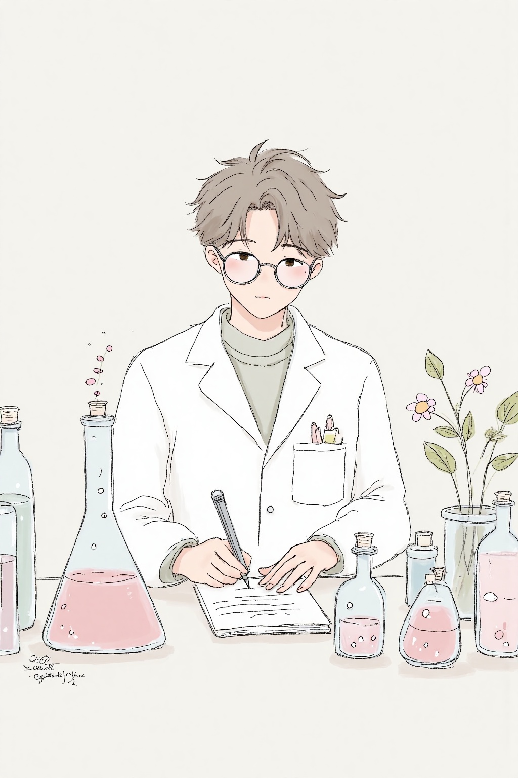 beijihui,A cartoon drawing of a man wearing a white lab coat and glasses. He is holding a pen in his right hand and writing on a piece of paper that is in front of him. There is a beaker on the left with a pink liquid inside of it. There are other beakers on the right and left of the beaker. The man has short brown hair that is pulled back into a ponytail.