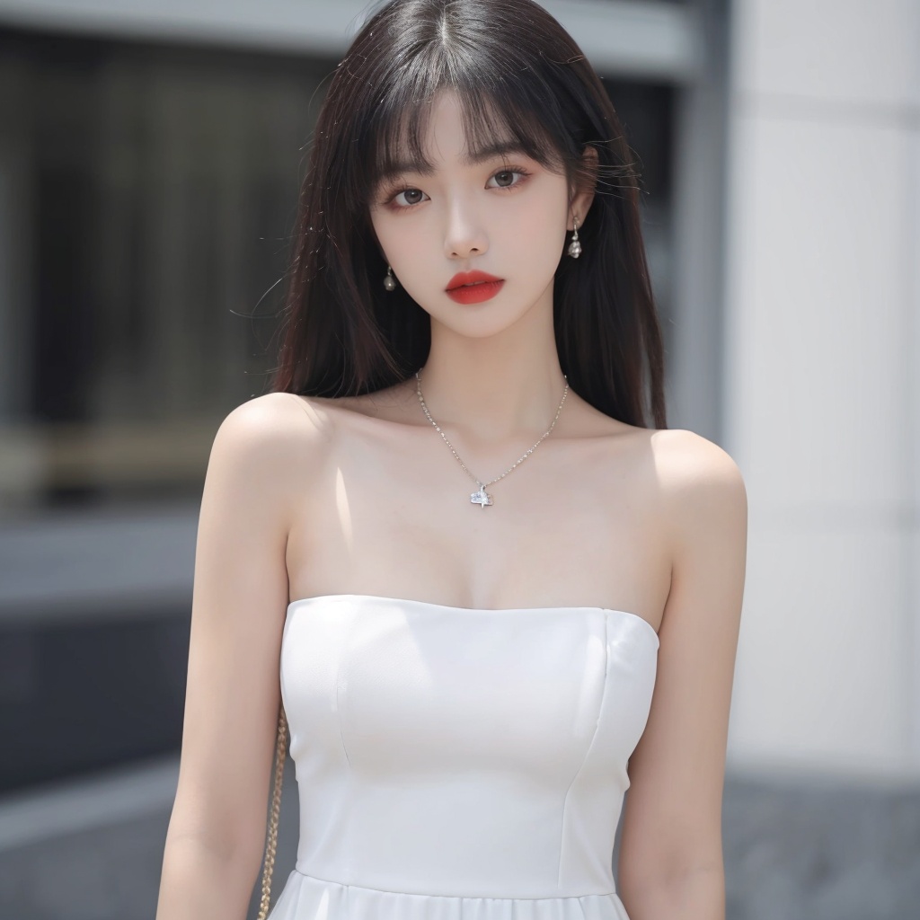 1girl, bag, bare_shoulders, black_eyes, black_hair, blurry, blurry_background, breasts, collarbone, depth_of_field, dress, jewelry, lips, lipstick, long_hair, looking_at_viewer, makeup, medium_breasts, necklace, red_lips, solo, standing, strapless, white_dress, <lora:meinv76:0.6>