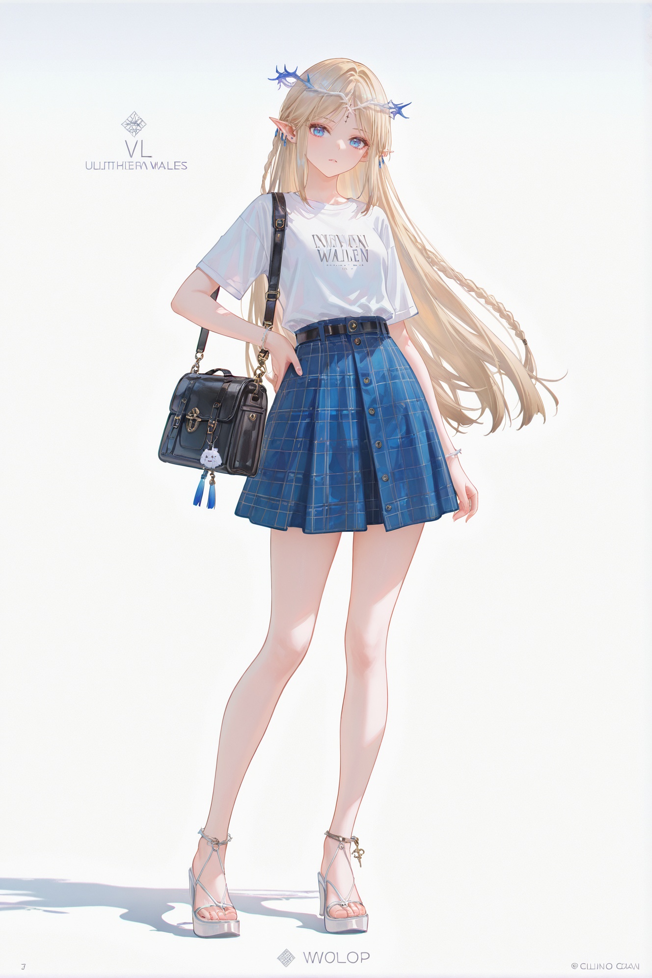 8k,best quality,masterpiece,(ultra-detailed),(high detailed skin),((artist:reoen),(artist:fuzichoco),(artist:atdan),(artist:torino_aqua),year 2024:0.8)1girl,[artist:wlop],[artist:ningen_mame],artist:ciloranko,[[artist:rhasta]],artist:tidsean,colorful,full body,full shot,standing,(solo:1.2),simple background,(white background:1.2),hand on own hip,(white background:1.1),alternate costume,solo,1bag,looking at viewer,plaid,charm (object),bag charm,bangs,contemporary,sidelocks,jewelry,character name,<lora:Cartethyia&Fleurdelys-ill-Tanger:0.8>,Cartethyia \(wuthering waves\),small blue and white crown of thorns,black forehead mark,1girl,blonde hair,pointy ears,long hair,blue eyes,braid,**** girl,