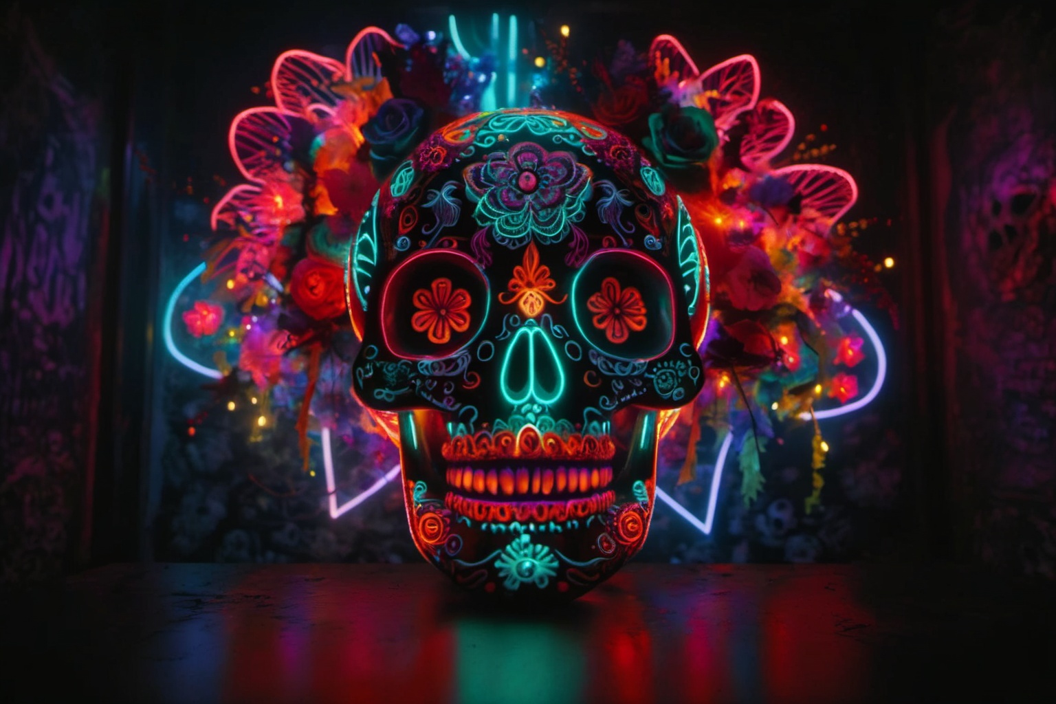 "Photo of a vibrantly decorated sugar skull,  illuminated by neon lights in a dark setting. The skull features intricate n...
