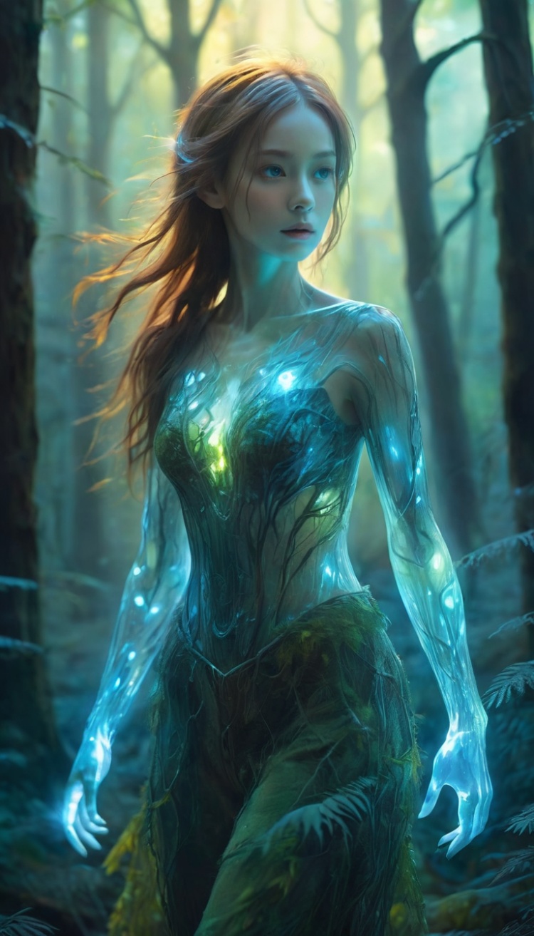 portrait,In this fantasy-style painting,a girl with a translucent glowing body wanders through a mysterious forest,surrounded by strange luminescence,upper_body,