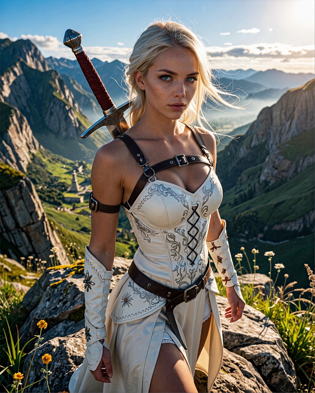 A stunningly rendered fantasy warrior female stands atop rugged mountain cliffs under golden-hour sunlight,  her pale plat...