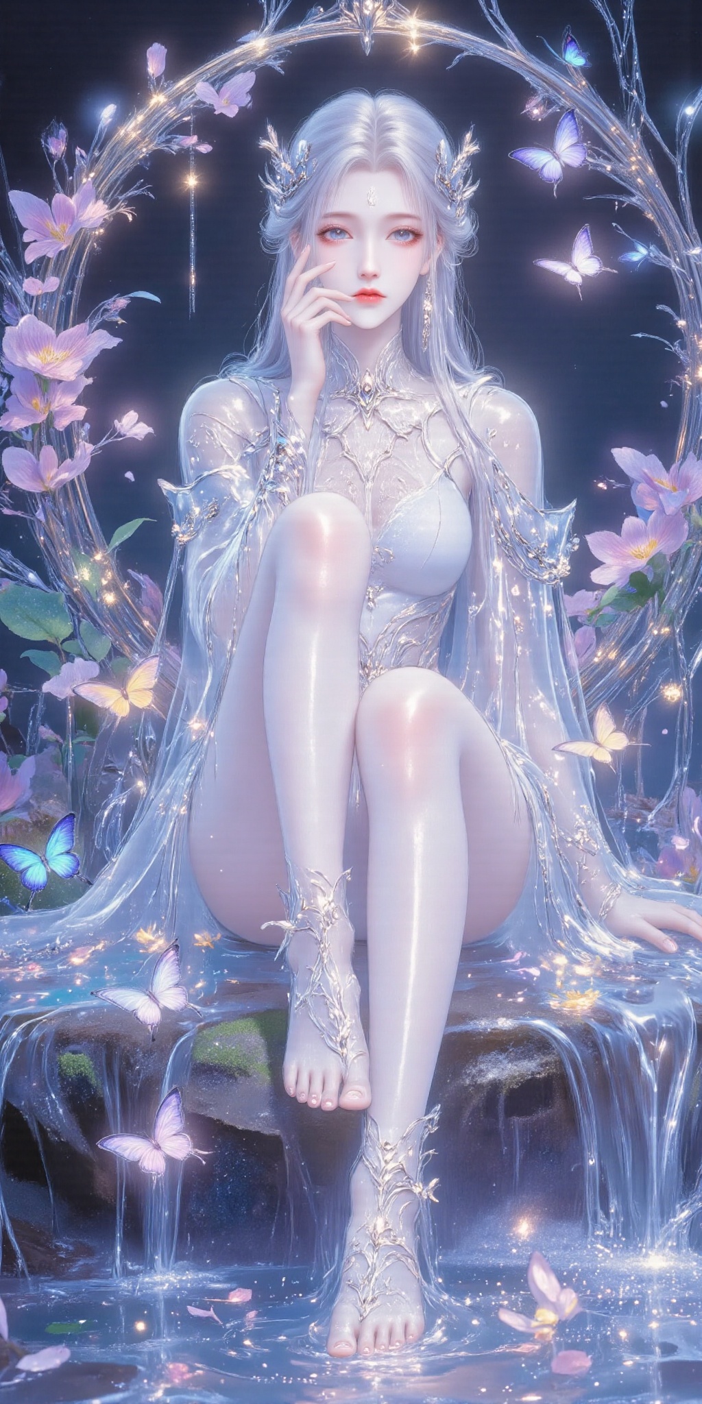 uinlight,A silver-haired woman sits poised atop a bluish-green stone beneath a floral arch, surrounded by flowing river waters and a petal-strewn stream. Butterflies dance around her figure as she wears an ornate antique crown and a resplendent crimson-and-white robe adorned with celestial patterns. With supermodel grace, she bends her slender legs to extend her delicate jade-like feet toward the viewer - their smooth, luminous soles fully revealed in the interplay of light and shadow. Every contour of her flawlessly sculpted feet radiates an almost mythic allure, like living artifacts polished to perfection through millennia, their elegant arcs captivating the eye with primal fascination., Photorealistic CGI of a pale-skinned woman sitting under a floral arch, surrounded by flowing river waters and a petal-strewn stream. Butterflies dance around her figure as she wears an ornate antique crown and a resplendent crimson-and-white robe adorned with celestial patterns. With supermodel grace, she bends her slender legs to extend her delicate jade-like feet toward the viewer - their smooth, luminous soles fully revealed in the interplay of light and shadow. Every contour of her flawlessly sculpted feet radiates an almost mythic allure, like living artifacts polished to perfection through millennia, their elegant arcs captivating the eye with primal fascination.