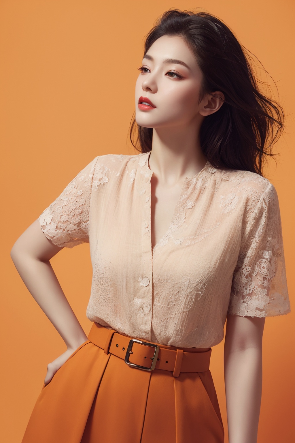 (8k, Best Quality, Masterpiece), Super Detail, (High Detail skin),Pointillism, Van Gogh style, illustration,high fashion photo shoot,Delicate belt,Orange background 