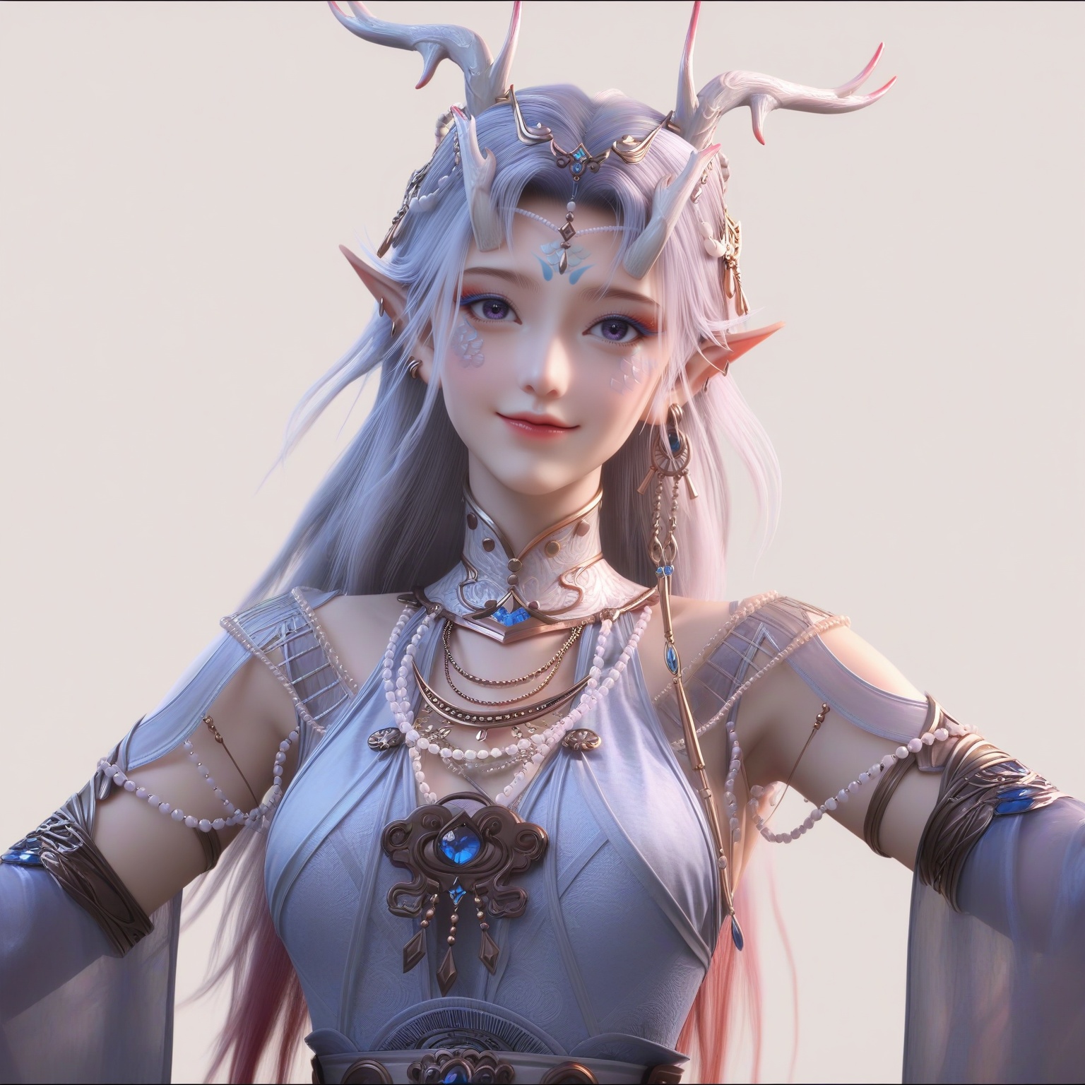 masterpiece,best quality,absurdres,highres,mature female,glamor,(slender:1.1),solo,<lora:念云-ill:0.85>,nianyun,long hair,silver hair,dragon horns,hair ornament,elf ears,dangling earrings,facial mark,forehead mark,ear piercing,eyeshadow,gradient hair,(blue yes),(purple_pupils),light blush,happy_tears,BREAKcollarbone,(narrow waist),blue gemstone,white pearls,high collar,layered necklace,fantasy dress,pearl necklace,collar gem,chest jewel,waist gem,waist belt,detached sleeves,light blue dress,(fingersmile:1.1),upper body,looking at viewer,(front view),standing,BREAK (white_skin:1.1),(fair_skin:1.1),simple background,white background,(new year:1.1),Volumetric Lighting,Cinematic Lighting,lens flare,Tyndall effect,