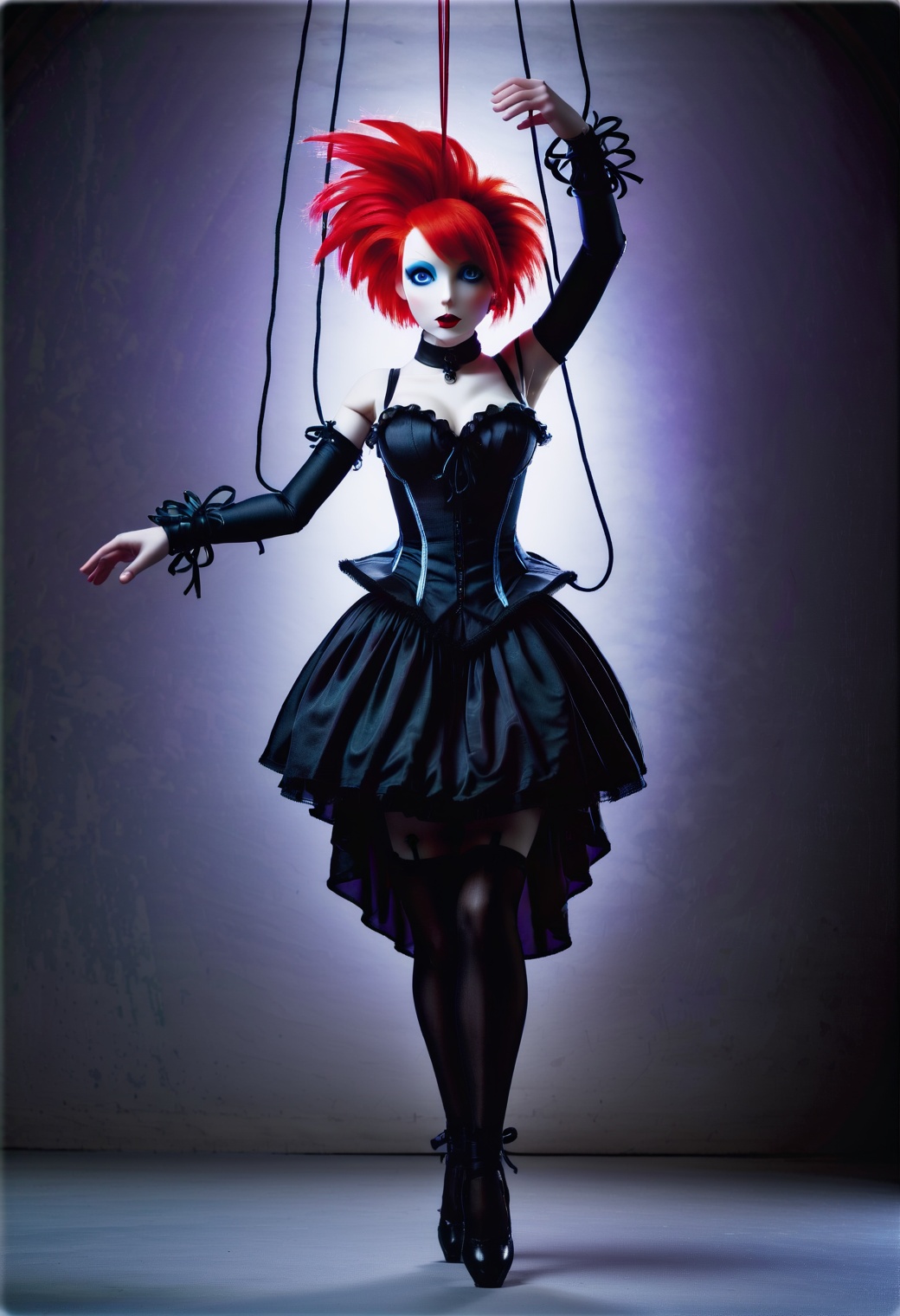 marionetka,  a puppet with red hair and a black corset,  is suspended by on Tensor.Art