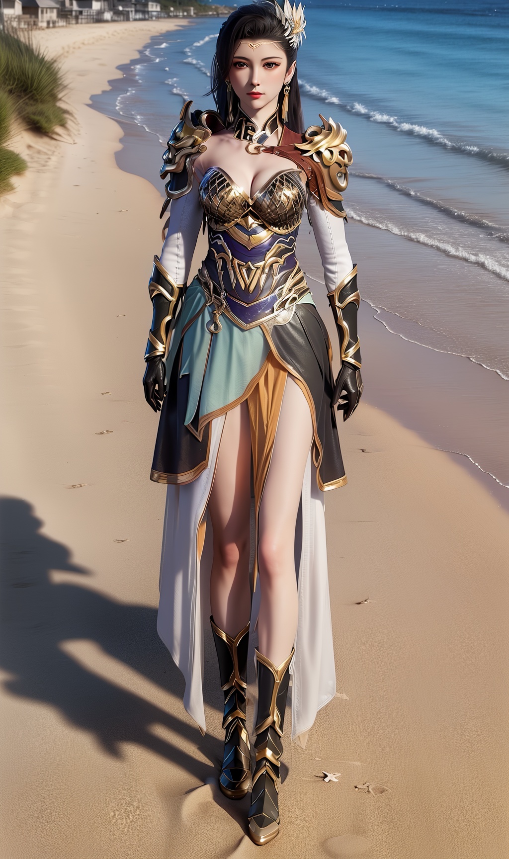 masterpiece,(best quality),(3d)official art, extremely detailed cg 8k wallpaper,((crystalstexture skin)), (extremely delicate and beautiful),highly detailed,((hair_ornament)),(face,eyes),1girl,solo,long hair,headwear,(standing),(hair),(closed mouth),(looking at the audience:1.3),(Facing the camera:1.3),((clothes),(dress),(chinese_clothes),(skirts),((armor))),  (gloves),(black gloves),(boots),((Summer, beach, sunbathing, seaside)),((looking_at_viewer)), (cleavage,medium breasts), (full body), <lora:hipoly3DModelLora_v10:0.3>