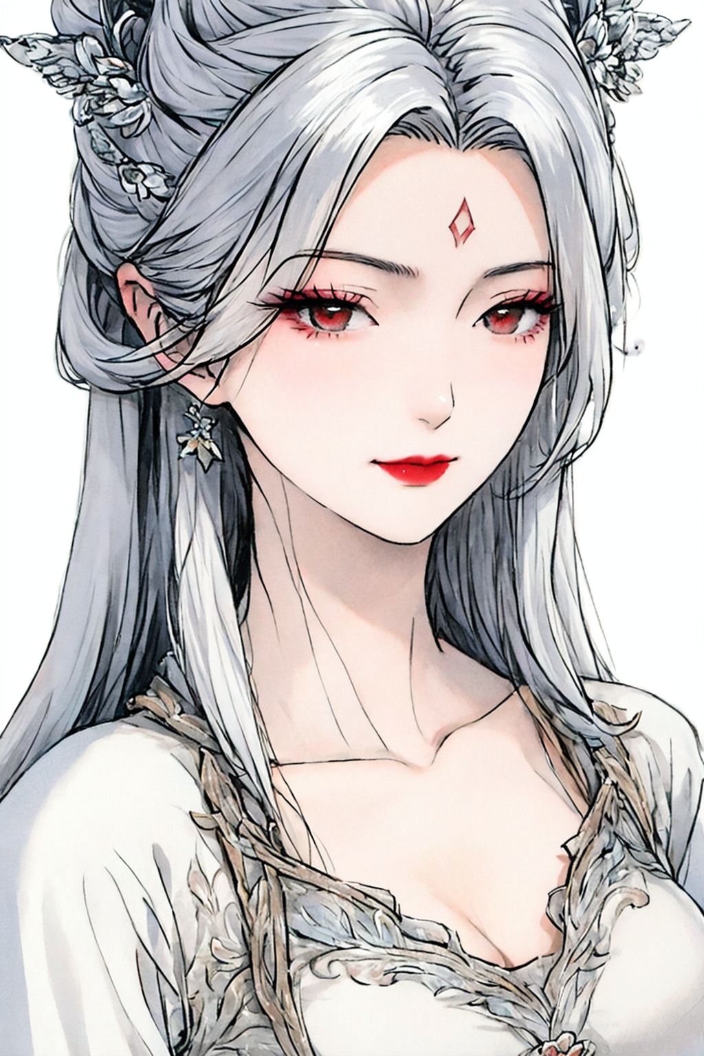 <lora:01古风美女第一版:0.8>,1girl,solo,long hair,breasts,looking at viewer,upper body,hair ornament,forehead mark,white hair,facial mark,large breasts,simple background,closed mouth,collarbone,white background,red lips,grey hair,cleavage,makeup,