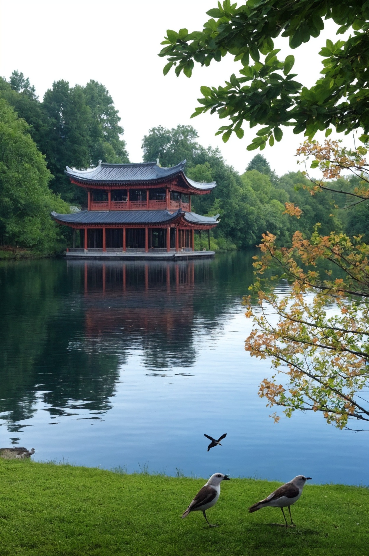 This is a painting depicting ancient Chinese architecture and natural landscape. In the picture, we can see a traditional blue-roofed building, which is located next to a peaceful lake. There is an old pine tree in front of the building, with luxuriant branches and leaves and a beautiful tree shape. There are some boats on the lake and birds flying in the distance. The whole scene gives a sense of tranquility and harmony.
