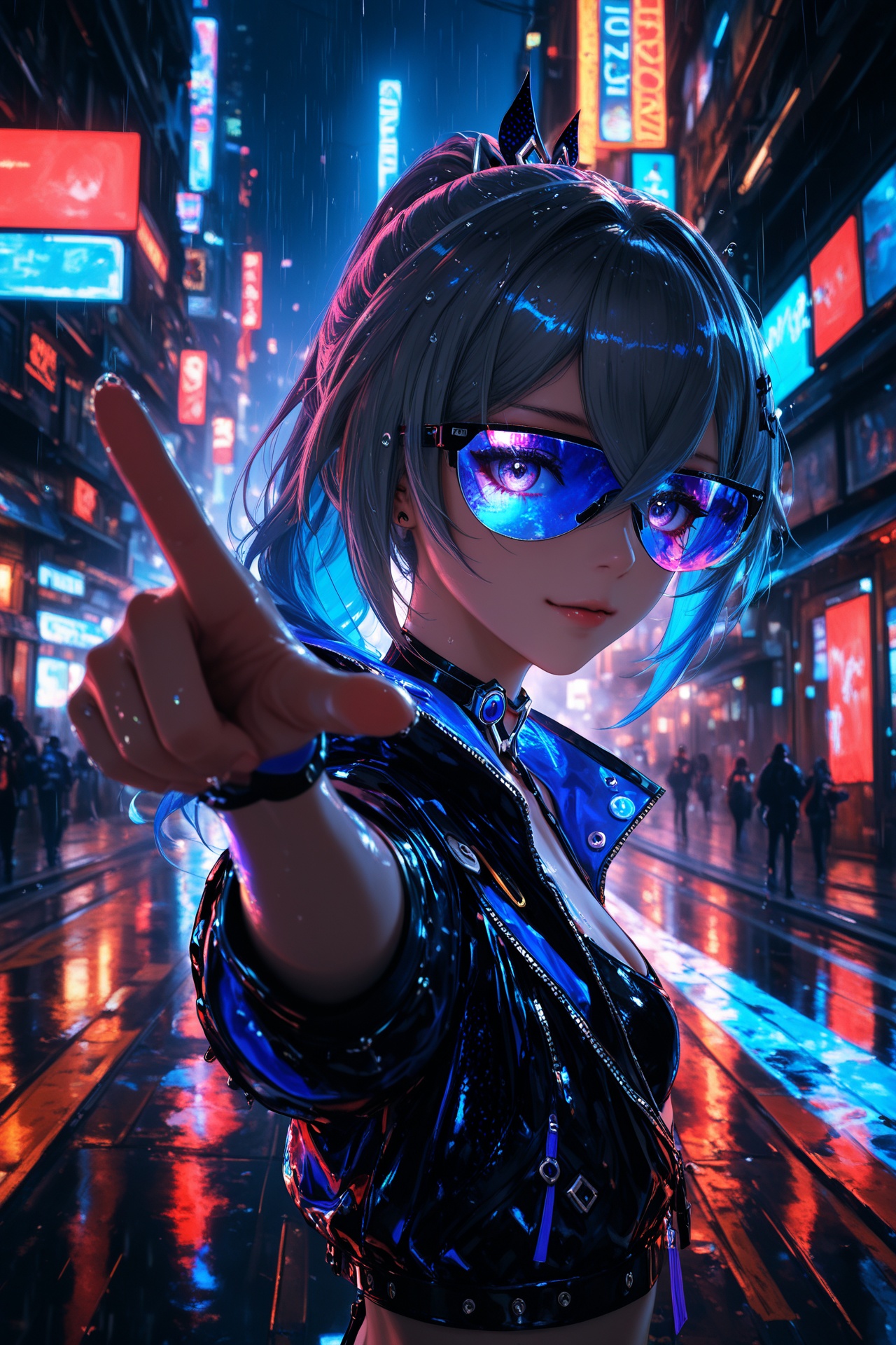 masterpiece,best quality,amazing quality,very aesthetic,absurdres,newest,highres,nixeu:0.5,yoneyama mai:0.5,1girl,solo,silver wolf \(honkai: star rail\),honkai \(series\),cyberpunk,street,night,darkness,metallic texture,from side,ray tracing,pointing to you,rain drops on the girl,strong color performance,oil painting style,