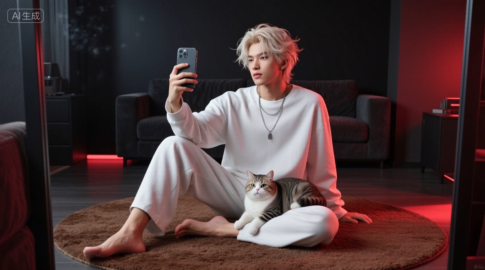 透射,景深,自由构图,光影交错,冷酷,高细节,凌乱的头发, 繁复穿搭,白色宽松上衣,帅哥,浅色发,坐在棕色地毯上,拿着手机对着镜子自拍,随机动作,赤脚,黑红灯光,闪光灯,胖猫咪趴在腿上, Negative prompt: ng_deepnegative_v1_75t,(badhandv4:1.2),EasyNegative,(worst quality:2),,nsfw, Steps: 40, Sampler: Euler, CFG scale: 1.0, Seed: 4039020216, Size: 1664x928, Model hash: 98763a1277, Model: Qwen-Image_1.0.safetensors, Denoising strength: 0, RNG: CPU, Lora 1: 【摸鱼】创意电商场景_电商产品场景, Lora Hash 1: 8df046f041, Lora Weight 1: 0.4, Lora 2: 【摸鱼】3D电商渲染级KV海报_创意视觉表达, Lora Hash 2: ce1227b095, Lora Weight 2: 0.8, Lora 3: Qwen-Image-Lightning-8steps-V1.1-bf16.safetensors, Lora Hash 3: fe04c3ec1d, Lora Weight 3: 0.6, vae_name: automatic