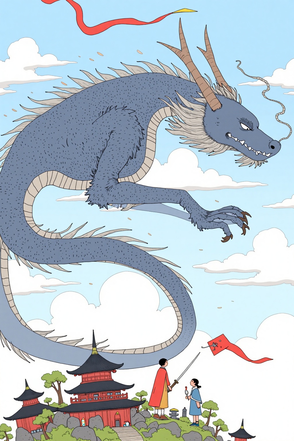 beijihui,A detailed cartoon drawing of a gray dragon in the sky. The dragon is facing towards the left side of the image,its head turned towards the right side. Its mouth is slightly open,and its eyes are closed. Its wings are spread out,adding a touch of movement to the scene. The sky is a light blue,with a few white clouds scattered across it. There is a man in a red robe standing on a rock,holding a sword in his right hand. He is facing the right of the dragon,while the man on the left is holding a red kite in his left hand. There are two pagodas in the background,one with a black roof and the other with a red roof.,