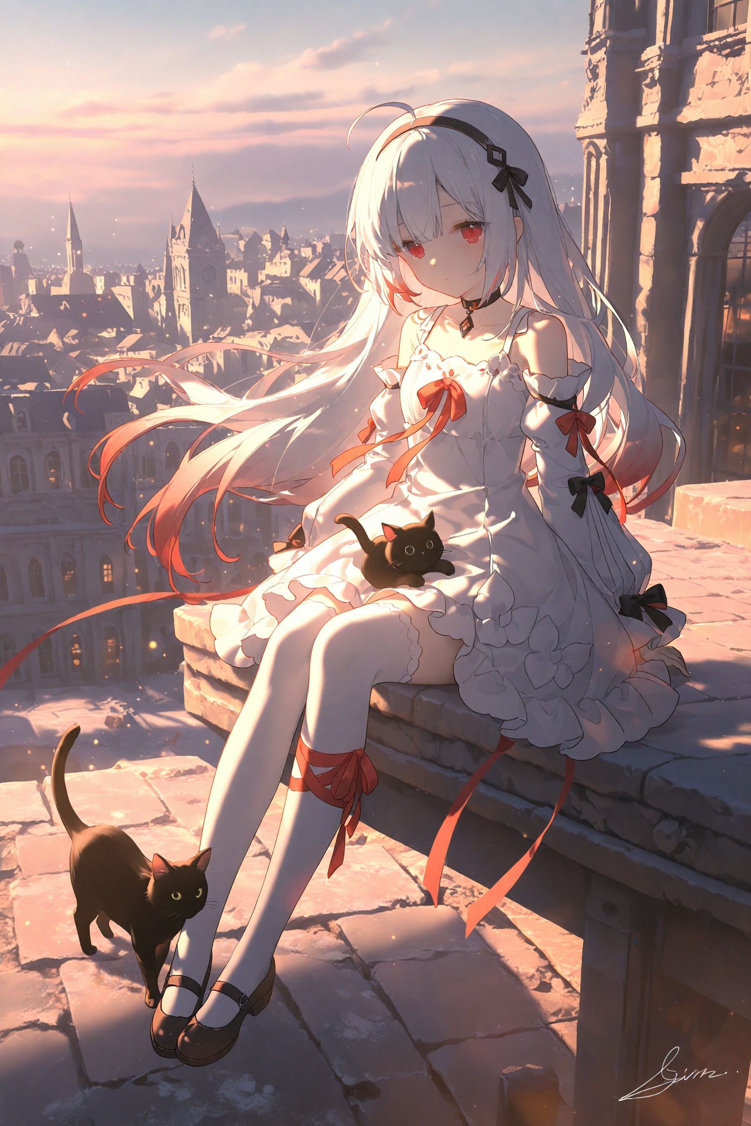 1girl,solo,long hair,looking at viewer,bangs,red eyes,thighhighs,long sleeves,dress,ribbon,bare shoulders,sitting,ahoge,white hair,multicolored hair,hairband,outdoors,detached sleeves,choker,signature,white dress,white thighhighs,cat,building,scenery,leg ribbon,