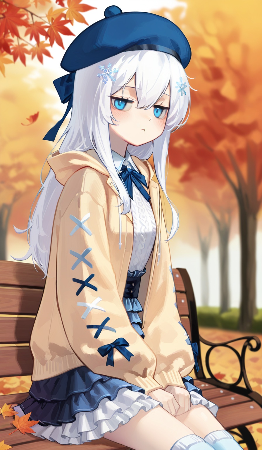 <lora:YoonYorry-Style:1.2>,upper body,1girl,solo, blue eyes,white hair,long hair,hair between eyes,small breasts,thighs, knitted sweater,puffy long sleeves,blue frilled skirt,layered skirt,ribbon,legwarmers,blue beret,open jacket,wing collar,hood down,snowflake hairpin, cowboy shot,sitting on bench,blush,looking at viewer,averting eyes,(jitome:1.2),:<,v arms, park,autumn,fallen leaves,blurry background,dutch angle,from side,