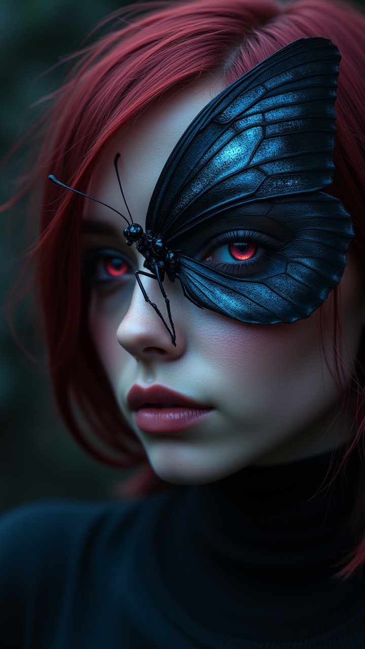 Dark Text:"MJ x FLUX",  A Charred Blue Morpho Butterfly with a tiny Mechanical Legs and piercing dark pink eyes gazes inte...