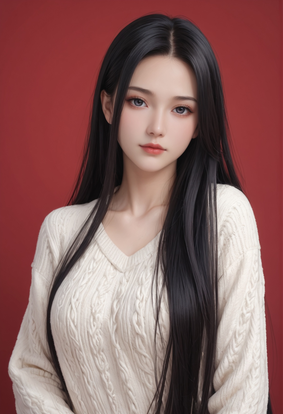 (score_9),20 years old,8k,hd,beautiful girl,black hair,very long hair,straight hair,closed mouth,1girl,detailed face,beautiful woman's face,sweater,red background,looking at viewer,