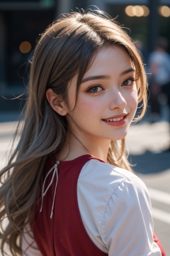 photorealistic of a cute girl in red\(smile, messy long silver hair\), detailed skin and face, shadow, cinematic, shot from side, look back, street, surrealistic, sense of reality, very realistic, very realistic, intense contrast of light and shadow, shot with Leica M50, f/1.8