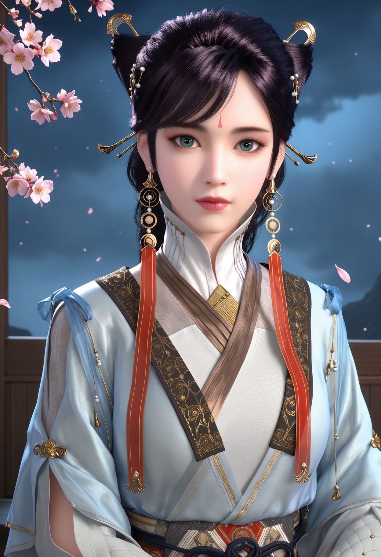 (upper_body:1.2),(looking at viewer:1.1),masterpiece,(best quality),smog,Dark room,dim lighting,peach blossom,falling petals,<lora:YQ_Illustrious光辉v5_徐灵犀_V1:0.8>,q1528437228,1girl,solo,jewelry,earrings,hair ornament,black hair,lips,chinese clothes,dress,forehead mark,green eyes,hair bun,long hair,makeup,brown hair,hair stick,long sleeves,tassel,boots,white pantyhose,braid,blue eyes,brown eyes,double bun,