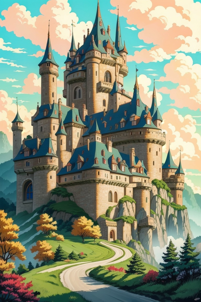 ((HRD, HUD, 8K)),((masterpiece, best quality)), highly detailed, soft light,Castle, scenery, no humans, outdoors, sky, day, tree, cloud, mountain, castle, tower, blue sky, building, fantasy, cliff, <lora:20240404-1712222230686:0.8>