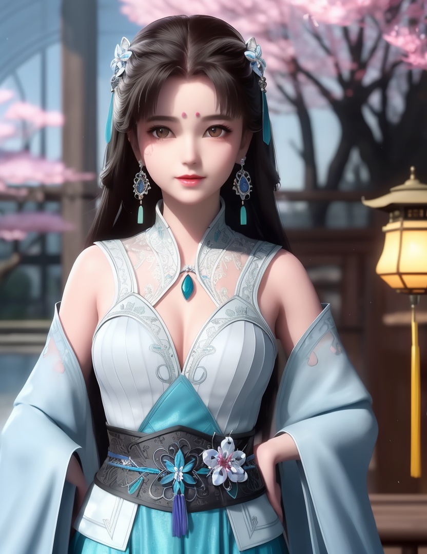 ultra realistic 8k cg, picture-perfect face, flawless, clean, masterpiece, professional artwork, famous artwork, cinematic lighting, cinematic bloom, perfect face, beautiful face, fantasy, dreamlike, unreal, science fiction,  beautiful clothes, lace, lace trim, lace-trimmed legwear,  (rich:1.4), prestige, luxury, jewelry, diamond, gold, pearl, gem, sapphire, ruby, emerald, intricate detail, delicate pattern, charming, alluring, seductive, erotic, enchanting, hair ornament, necklace, earrings, bracelet, armlet,halo((,1girl, ,))(((,teenage,full moon,lantern, cherry blossoms, 1girl, tree, spring_\(season\), solo, black_hair,chinese clothes,looking at viewer, upper body, ))) <lora:DA_LanLingEr:0.6>