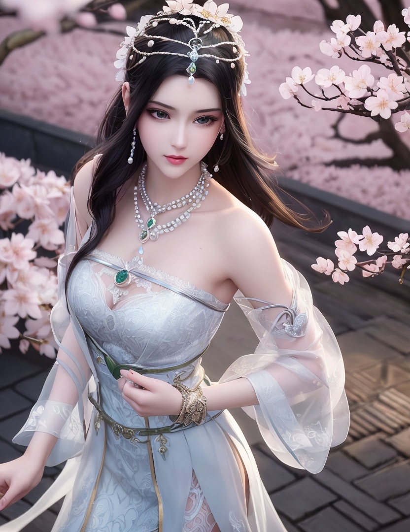 ultra realistic 8k cg, picture-perfect face, flawless, clean, masterpiece, professional artwork, famous artwork, cinematic lighting, cinematic bloom, perfect face, beautiful face, fantasy, dreamlike, unreal, science fiction,   lace, lace trim, lace-trimmed legwear,  (rich:1.4), prestige, luxury, jewelry, diamond, gold, pearl, gem, sapphire, ruby, emerald, intricate detail, delicate pattern, charming, alluring, seductive, erotic, enchanting, hair ornament, necklace, earrings, bracelet, armlet,halo((,1girl, pov,))  , ((((1girl, solo, ,cherry blossoms,outdoors, ))))<lora:DA_LinQingZhu:0.6>