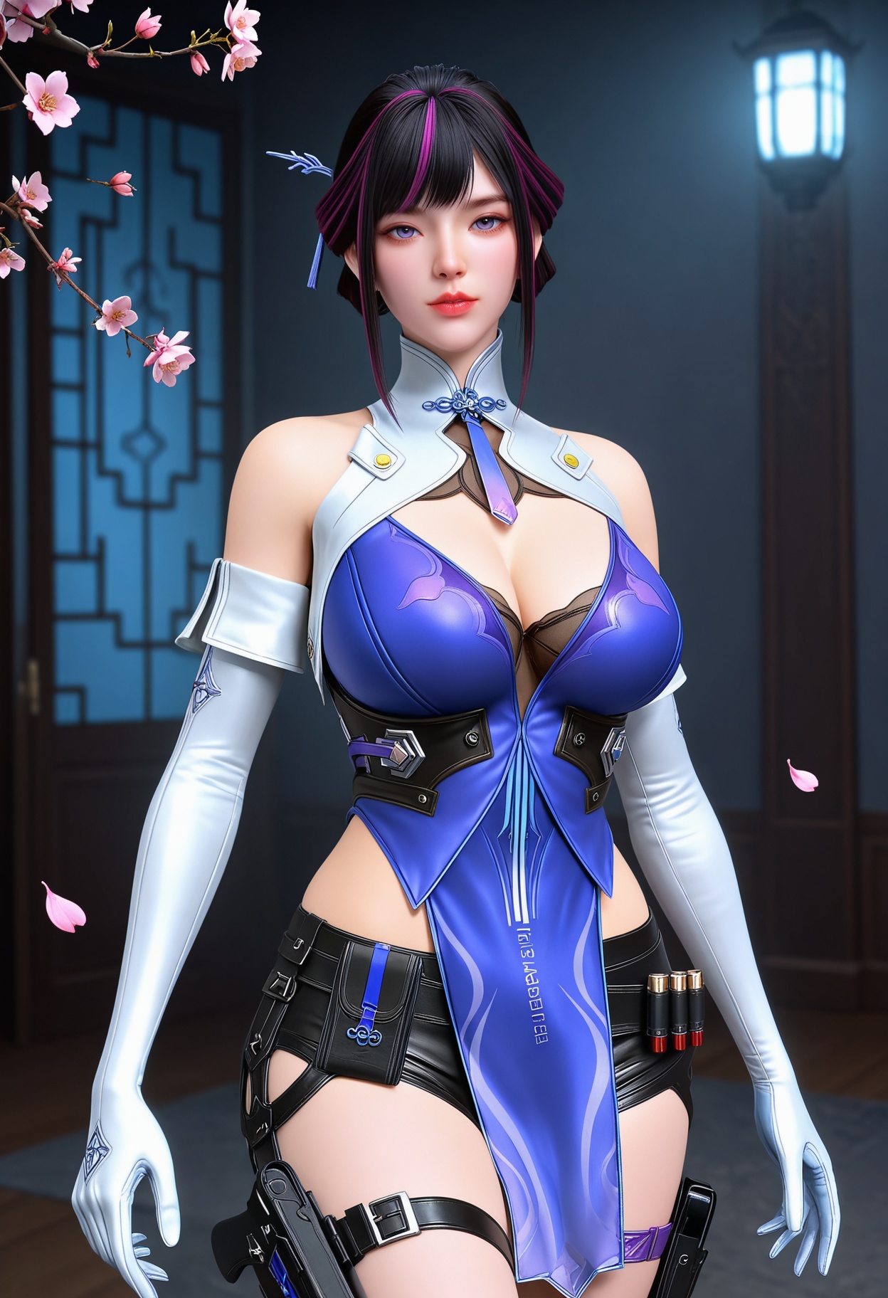 (upper_body:1.2),(gigantic breasts:0.8),(Perky boobs:1.3),(looking at viewer:1.1),facing viewer,direct gaze,(masterpiece:1.1),(best quality:1.2),(intricate details),(smog:1.3),(Dark room:1.3),(dim lighting:1.3),peach blossom,falling petals,<lora:YQ_Illustrious光辉v5_虹儿_V1:0.8>,1girl,q1528437228,solo,gloves,dress,short hair,shorts,chinese clothes,purple eyes,thigh strap,holster,hair bun,hair ornament,sidelocks,thigh holster,detached sleeves,high heels,masterpiece,(best quality),(intricate details:0.9) BREAK (intricate details:0.9),(realistic skin:1.2),masterpiece,best quality,newest,absurdres,hiahres,