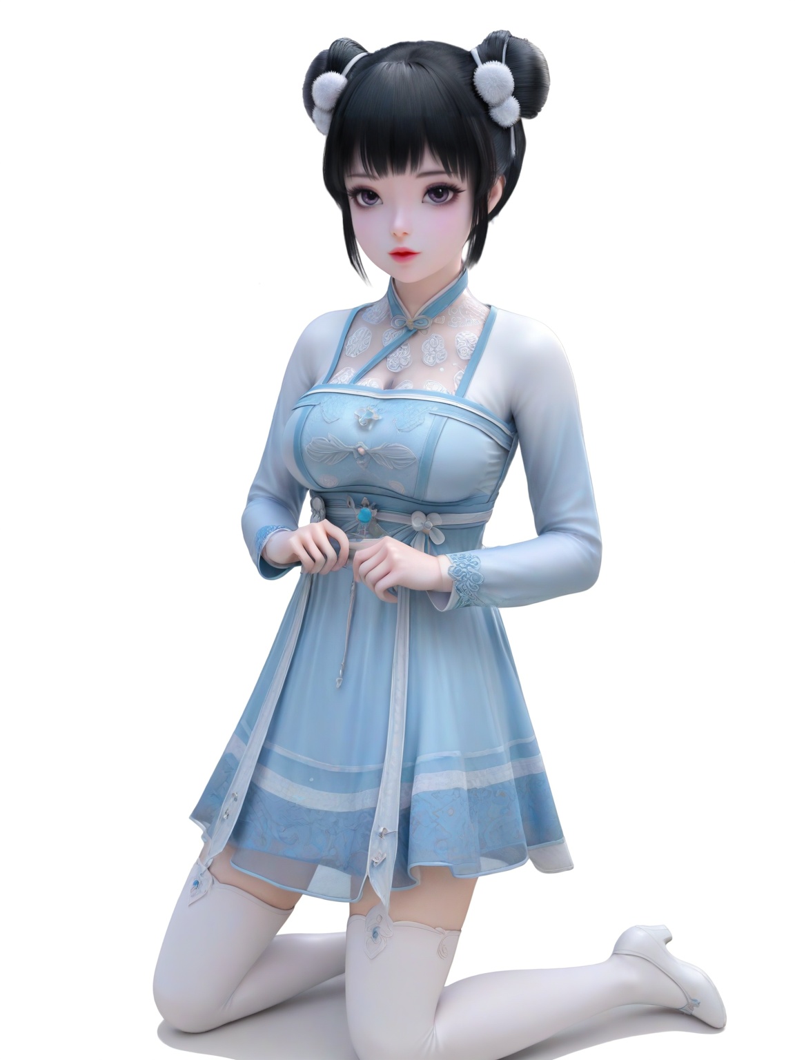score_9,1girl,solo, hair ornament,dress,hair bun,double bun,breasts,large breasts,dress,lipstick,eyelashes,bangs,long sleeves, black hair,looking at viewer,white background,simple background,full body,white boot,white thighhighs,<lora:SF_RuoXi_Pony_Realism2.3-000004:0.72>,