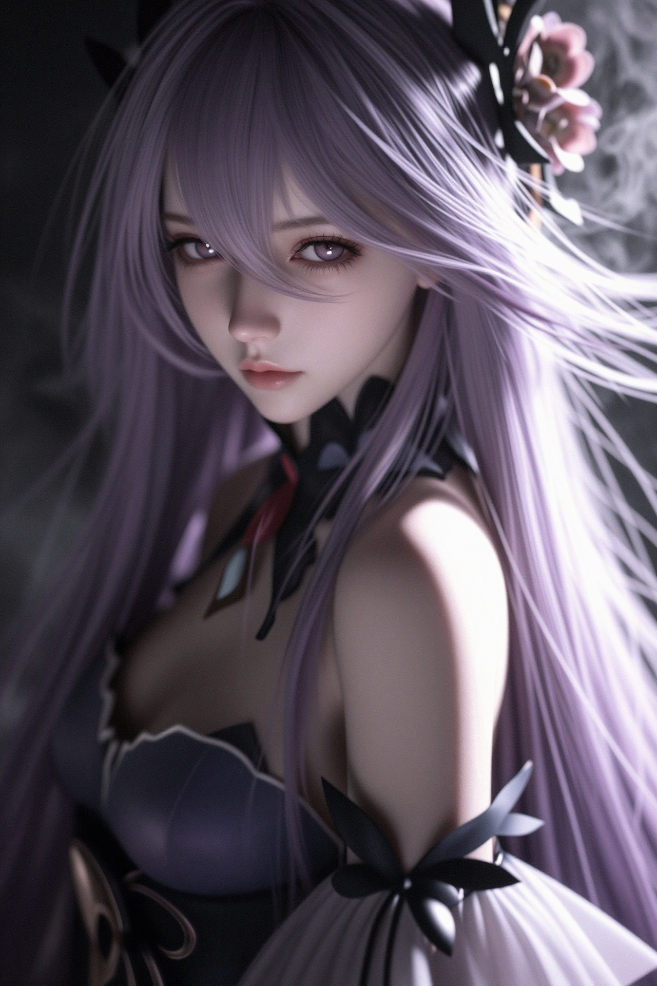 YY Anime style,CG质感，运用伦勃朗光，一位长发及腰、模样似洋娃娃般可爱的女生，穿着纯欲，元气，长发及腰，薄薄的斜刘海，这是一张写真风格的图片，质感光照和自然光线相结合，使画面充满质感。主体是一个真人，美女，精美的头饰，身穿着的衣服繁复精致，整体造型统一。神情傲慢，胶片摄影，镜头语言，淡彩，暗调，氛围低光，个性视角，奇妙融合意境，一位美人，真人，有着倾国倾城之貌、皮肤白皙嫩滑， 仿Bjd风格，清冷感，深色系，神秘，梦核，高级。高级，烟雾朦胧美，明亮，高颜值，高对比度，虚焦，既视感，情绪氛围感拉满，暗朦，光朦，粒子高噪点，胶片颗粒质感，层次丰富，写意，朦胧美学，光的美学，lomo效果，超现实，高级感，杰作。画面中穿着华丽服饰的女性角色。淡紫色长发。发尾装饰有花朵。穿连衣裙，裙摆蓬松，腰间有装饰，手上戴着黑色手套，（电影级面光：1.6），（光线追踪：1.4），（冷白皮漫感质感的光滑皮肤：1.7），（人物有最好的骨相：1.2），（网感脸：1.6）（网感妆：1.6），（高对比：1.3），（适合的景深：1.3）。面部特写，少女聚焦眼睛，白嫩嫩的皮肤，如琼玉般润滑，稚嫩感，空气弯刘海，风吹感，纯欲感，紫色美瞳，纯欲朦胧滤镜，暧昧的眼神，（极致细节：1.4），（构图多元，多角度：1.6），