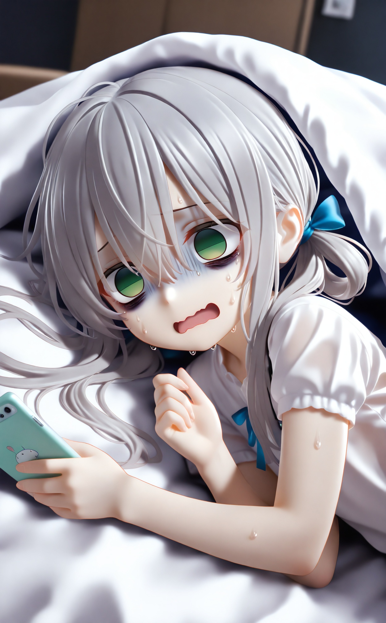 masterpiece,loli, phone, holding phone, holding, cellphone, grey hair, turn pale, bow, hair bow, green eyes, sweat, shirt, 1girl, smartphone, white shirt, on side, looking at phone, lying, open mouth, gloom (expression), blue bow, empty eyes, long hair, hair rings, short sleeves, solo, hand up, low twintails, shaded face,  twintails, bed sheet, no pupils, bags under eyes, on bed, nervous sweating, upper body, portrait, looking at object, under covers, hair between eyes, wavy mouth,<lora:pvc3——【Illustrious】hans:0.8>,