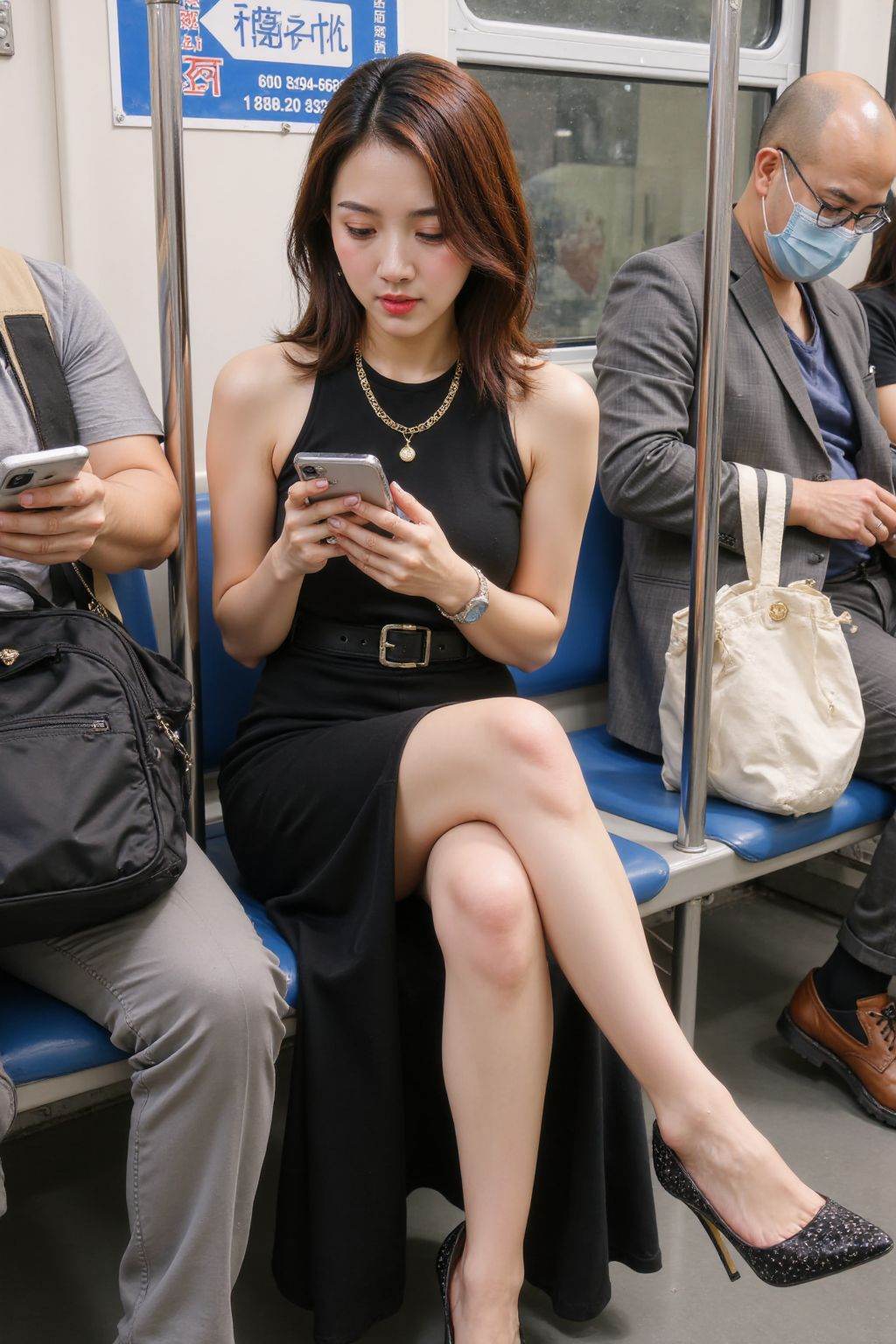 The image is a photograph taken in a public transit vehicle, likely a bus or train, given the presence of blue and white signs with Chinese characters and a phone number. The setting appears to be a bus or train seat, with a metallic railing and a blue and white advertisement poster behind the subjects. In the foreground, a young Asian woman sits with her legs crossed, wearing a sleeveless black dress with a high slit, revealing her legs. Her dress is paired with a black belt and a gold chain necklace. She has fair skin and straight, shoulder-length brown hair. She is looking down at her smartphone, engrossed in her phone screen. She is wearing black high-heeled shoes with a patterned design.To her left, a man with a shaved head and glasses, wearing a blue face mask, a grey t-shirt, and grey trousers, is also looking at his phone. He has a black backpack on his lap. To the right of the woman, another person's hand is visible holding a white bag with a beige shoulder strap. The background shows other passengers, though they are not clearly visible. The overall atmosphere is one of a busy, urban commute, with people focused on their personal devices.