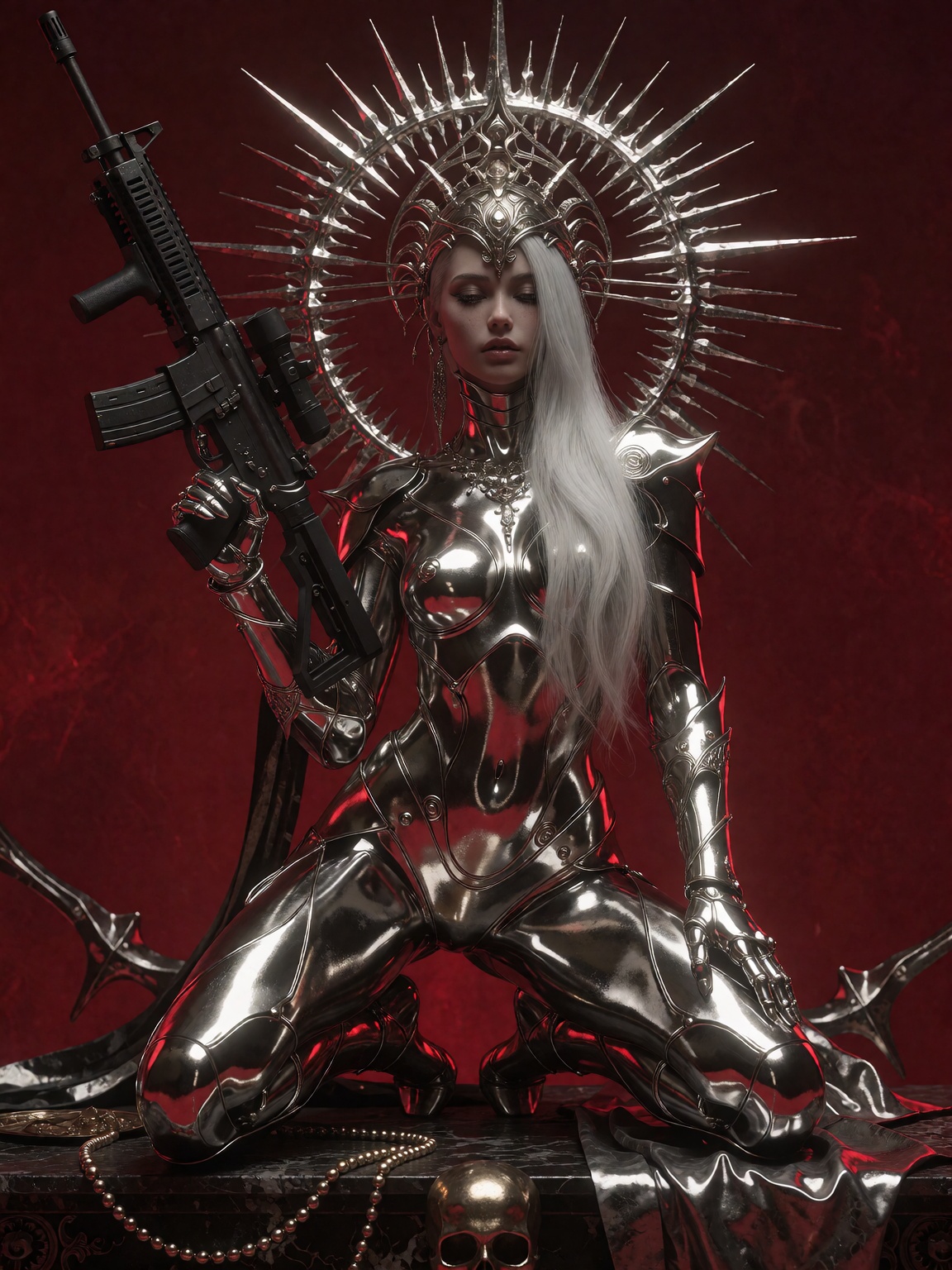 A striking figure of a woman kneels in a pose of regal submission against a backdrop of deep,  saturated crimson red. Her...