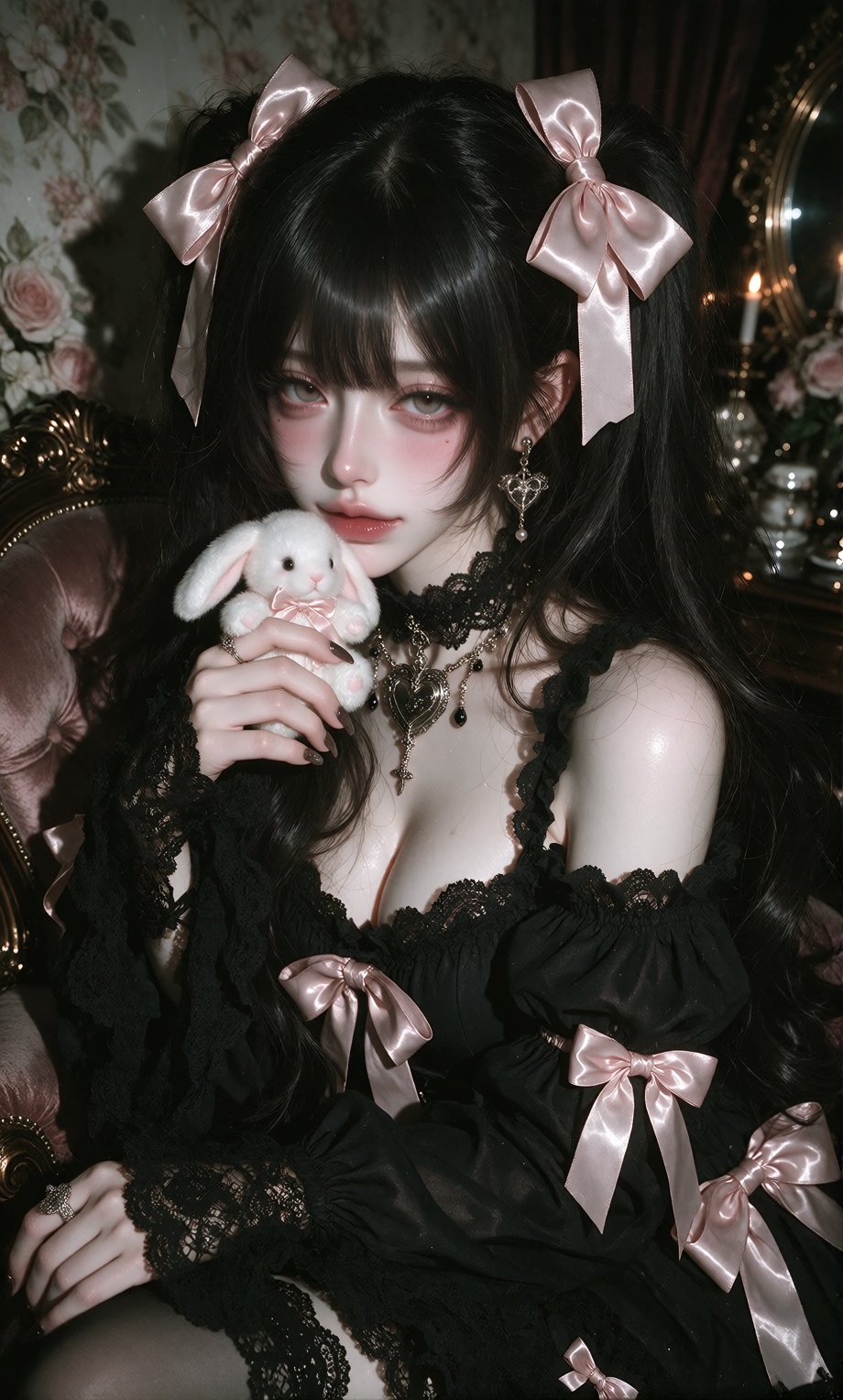 adorable ***** gothic coquette,  long silky black hair with blunt bangs,  enormous dusty-pink satin bows on Tensor.Art