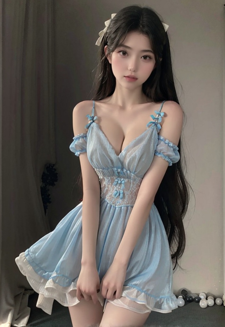 (masterpiece, best quality:1.4),finely detailed,1girl,solo,pale skin,perfect body,standing,<lora:killer性感冰蓝色蝴蝶结仙女连衣裙v1.0-000008:0.8>,bare shoulders,bluedress,bow,see-through,big breasts,